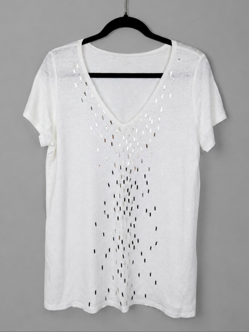 Eileen Fisher 100% Linen Sequin Embellished V Neck Tee White Medium Luxe Top